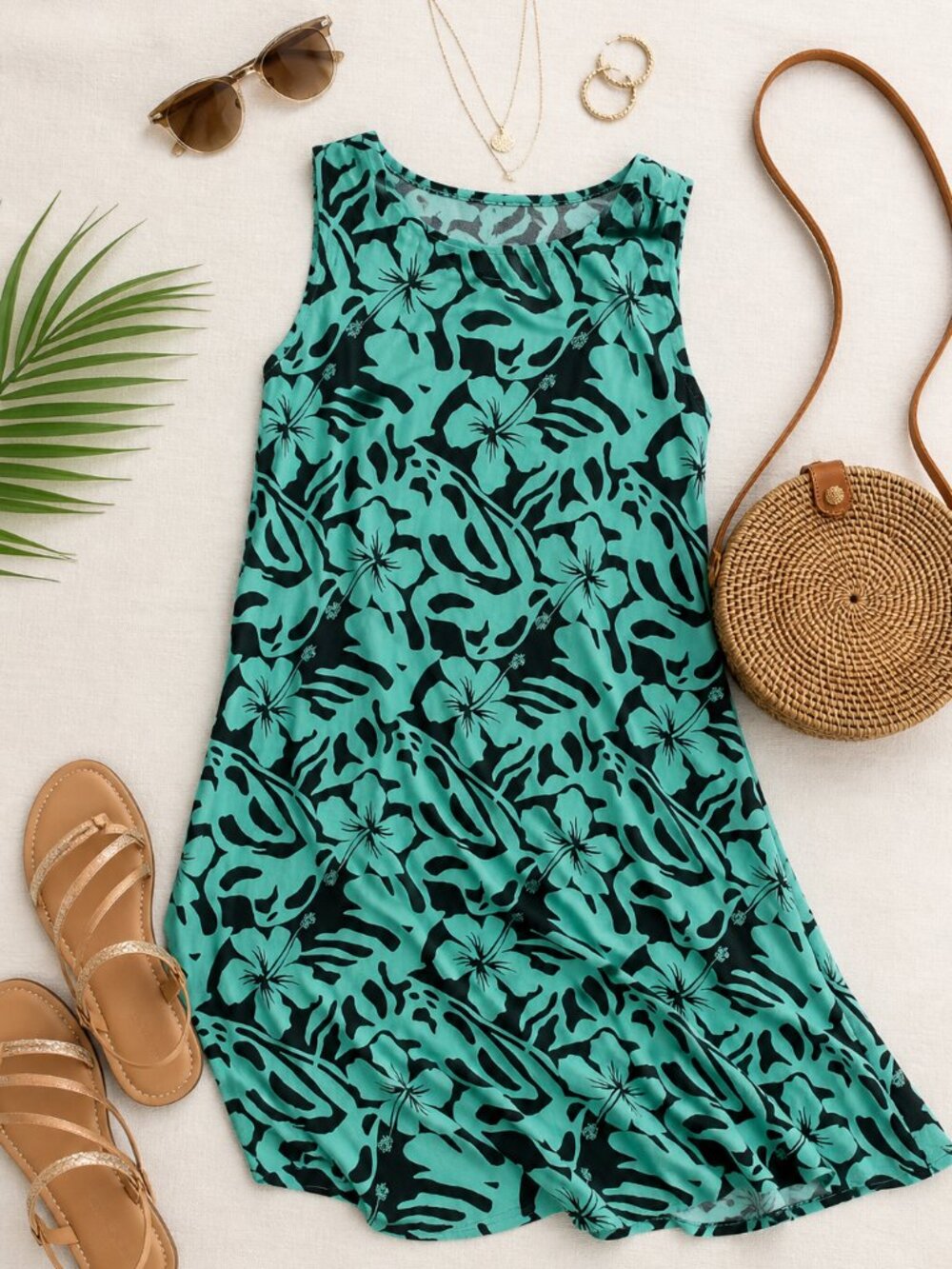 Sleeveless Teal Floral A-Line Dress